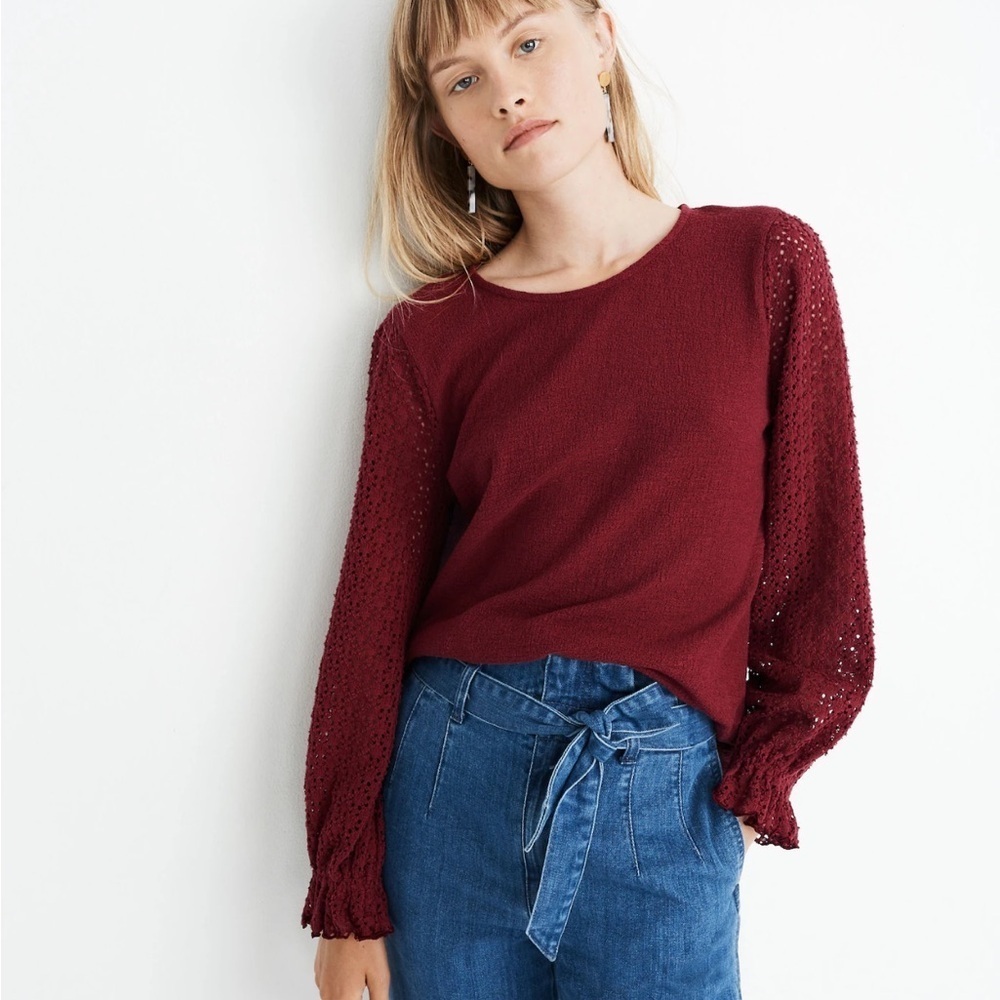 Texture & Thread Madewell cotton Ruffle long Sleeve Top Maroon Red extra small